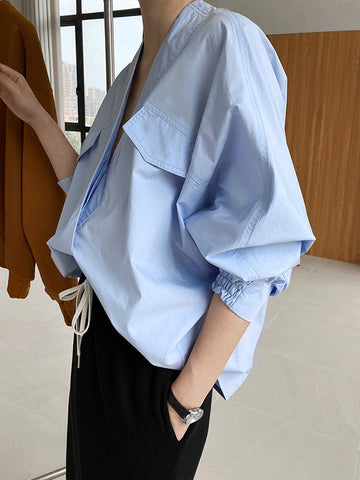 Trendy Fledermausärmel Einfarbige Blusen mit V-Ausschnitt 