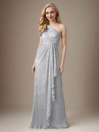 Rubinrotes Etuikleid mit One-Shoulder-Schulter und Metallic-Mesh-Optik, Brautmutterkleid