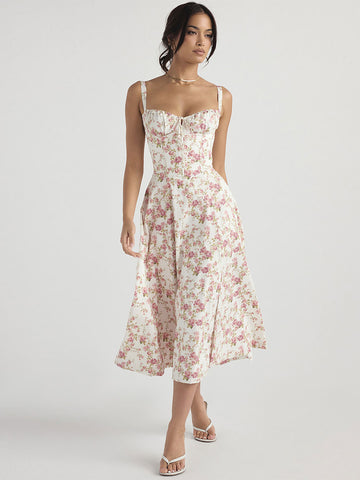 Summer Midi Dress Golden One-Shoulder Lace Up Beach Dress