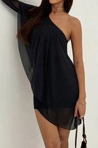 Asymmetric Shoulder Ruched Bodycon Mini Dress