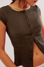 Ribbed Button Short Sleeve Casual Blouse