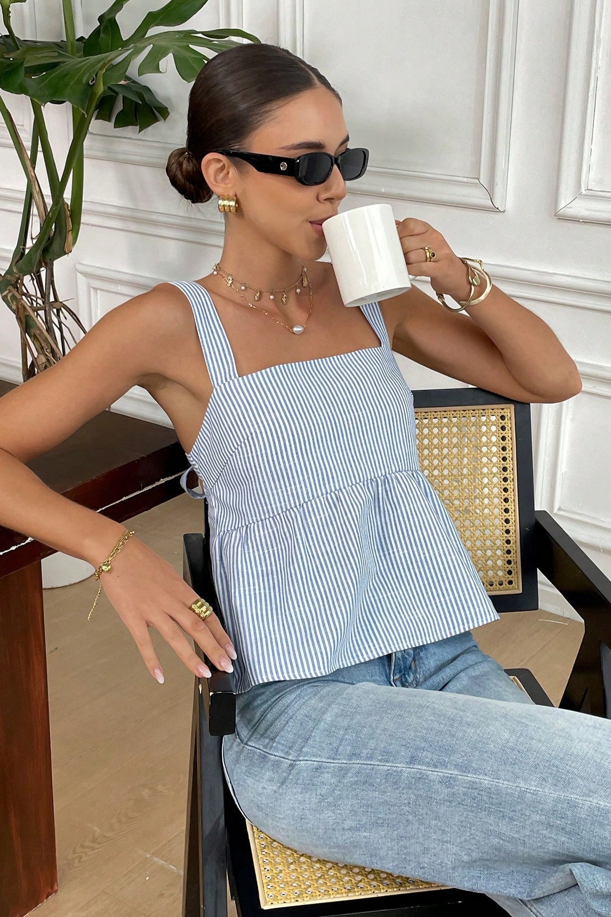 Striped Tie-Shoulder Square Tank Top