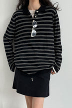 Soft Wool Striped Polo Collar Long Sleeve Long Sleeve Tee