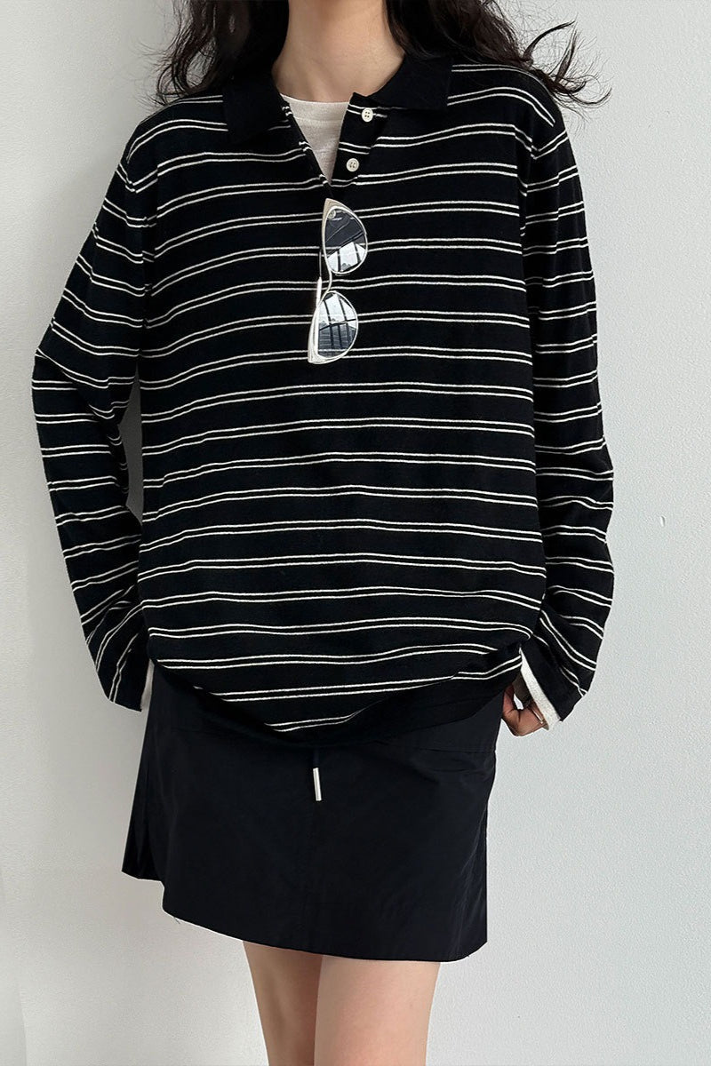 Soft Wool Striped Polo Collar Long Sleeve Long Sleeve Tee