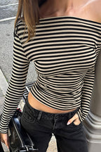 Color-Block Stripe Asymmetrical Neck Long Sleeve Tee