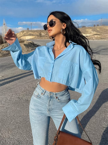 Camisas casuales con bolsillo de solapa Tossy para mujer, top corto holgado de retazos de manga larga, atuendo Y2k, blusa tipo cárdigan de calle lisa