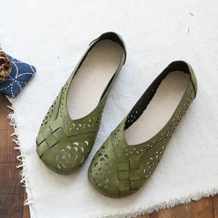 Zapatos planos casuales de cuero con plantilla de lino trenzado y huecos 