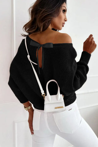chic black ribbon bow knot dolman sleeve sweater