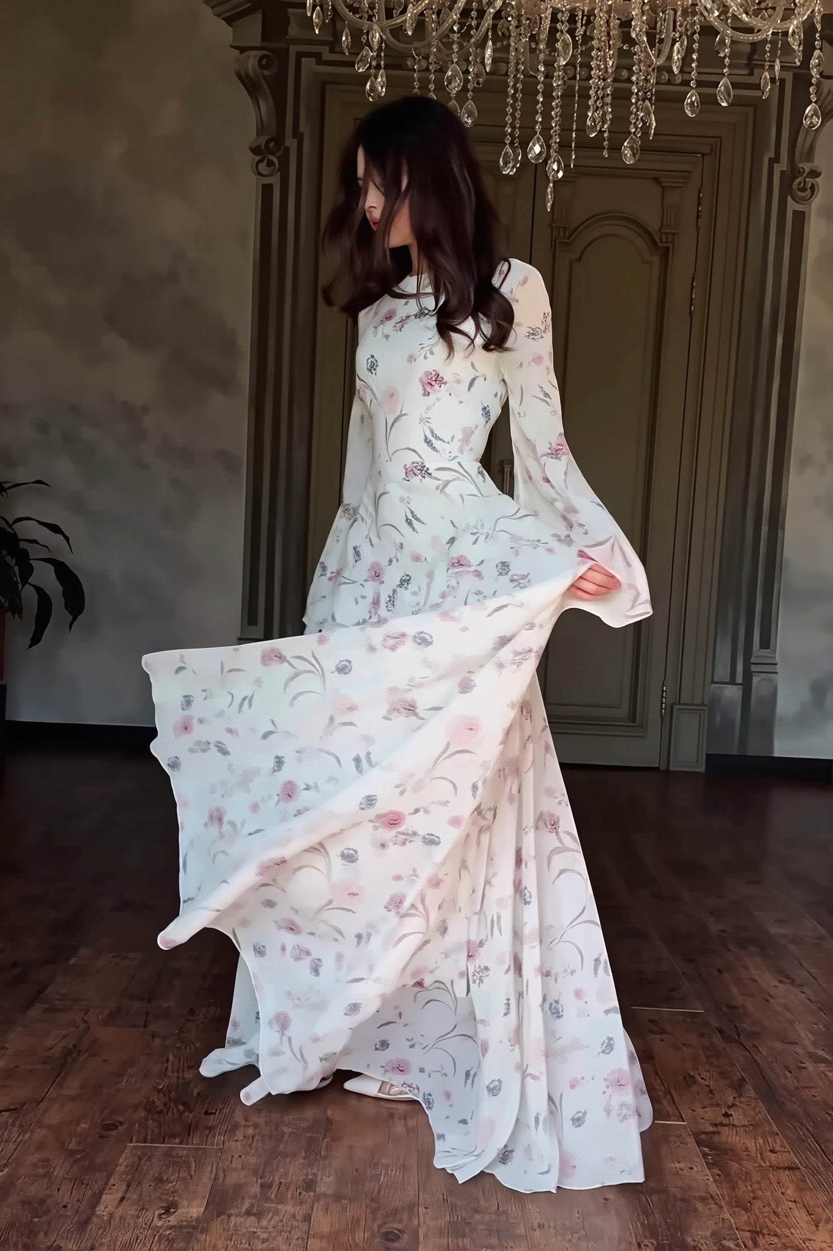Floral Round Neck Long Sleeve Tie Maxi Dress