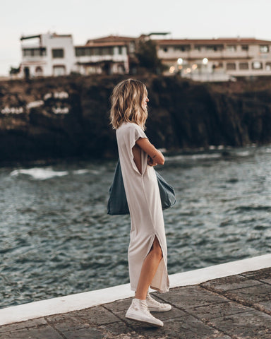 Simple and Effortless Open Sleeve Slit Oversized T-shirt Midi Dress