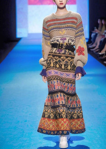 Vestido tipo suéter de algodón con cuello redondo y estampado, hecho a mano, de corte A, manga larga 