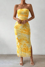 Slim Mesh Print Slit Maxi Dress