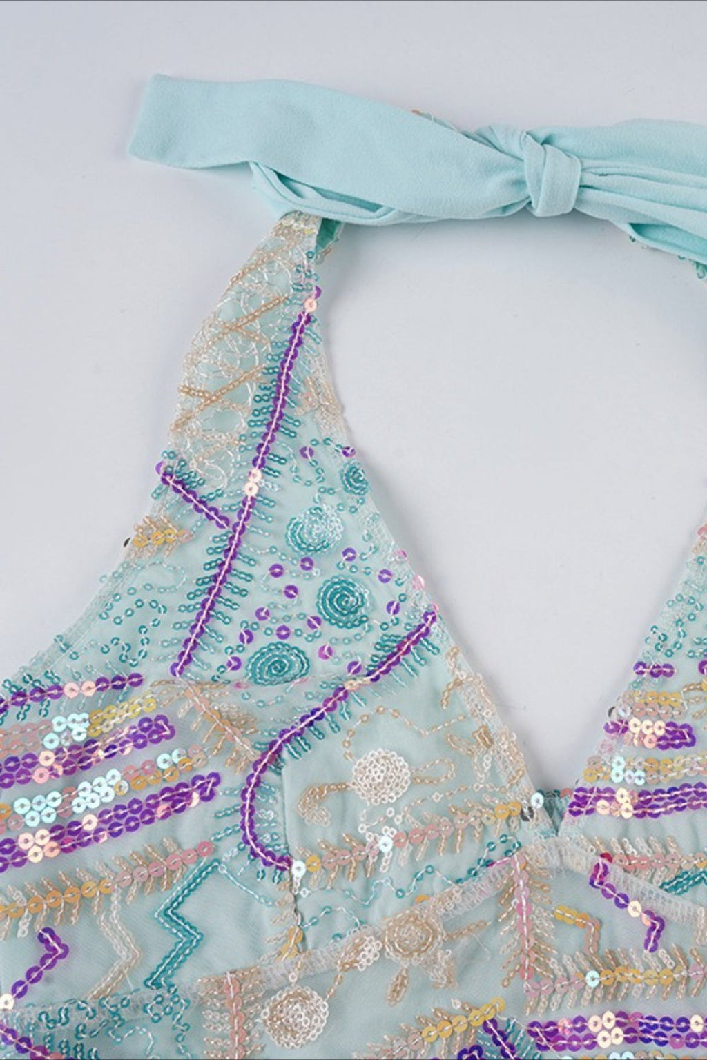 Sequin V Neck Tie Back Halter Top