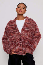 New Retro Fashion Deep V-Neck Maillard Plush Long-Sleeve Knit Cardigan