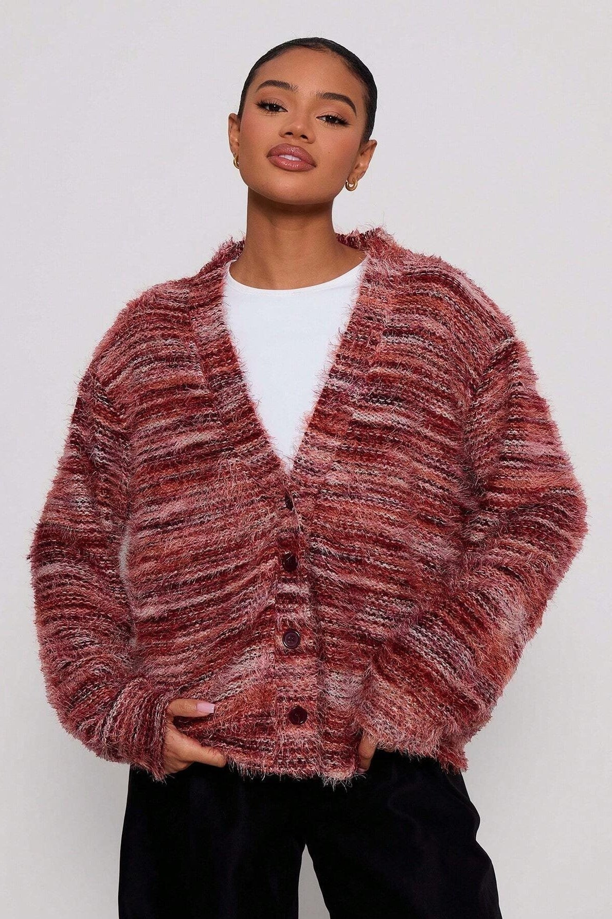 New Retro Fashion Deep V-Neck Maillard Plush Long-Sleeve Knit Cardigan