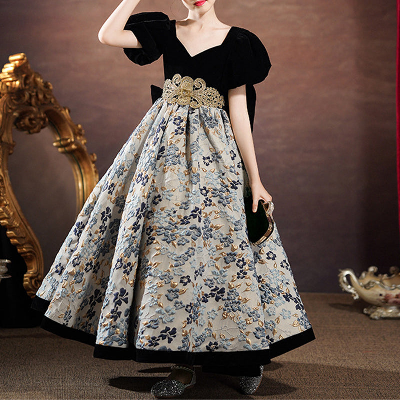 Kommunionkleid für Kleinkinder, Mädchen, Taufe, Retro-Print, große Schleife, Prinzessinnenkleid 
