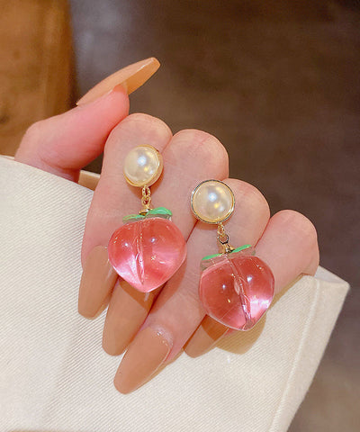 Cute Red Alloy Acrylic Pearl Peach Drop Earrings
