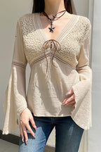 Lace Knit Flare Sleeve Ethnic Blouse