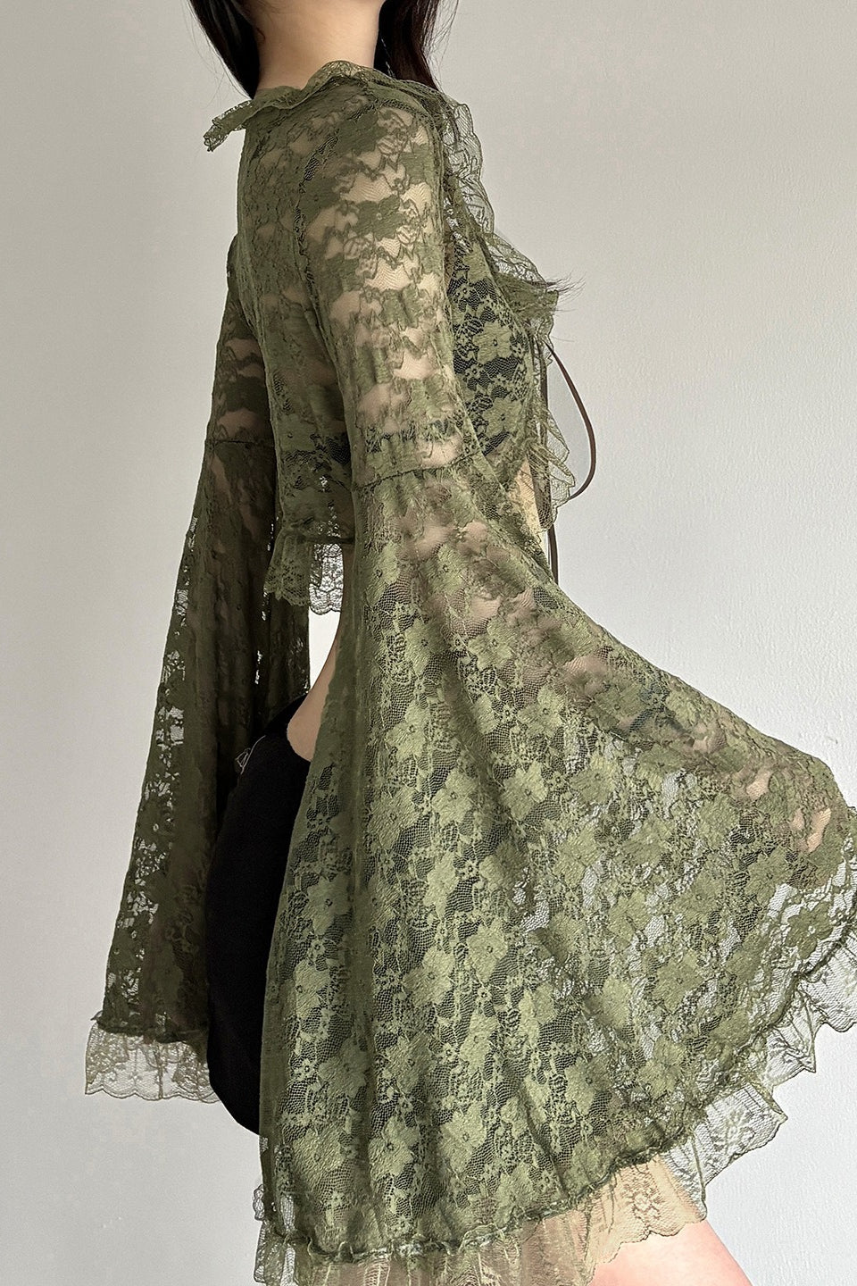 Sheer V Neck Lace Flare Sleeve Blouse