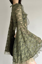 Sheer V Neck Lace Flare Sleeve Blouse