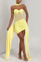 Elegant Mesh Splicing Ribbon Tie Solid Color Strapless Mini Dress