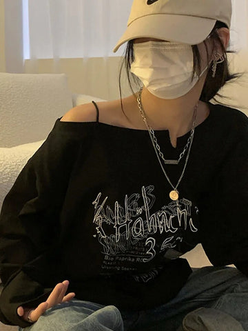 Y2K T-shirt Fairy Grunge 2024 Vintage Letter Print Tops Black Autumn Off Shoulder Long Sleeved Korean Tees Loose Harajuku Shirt