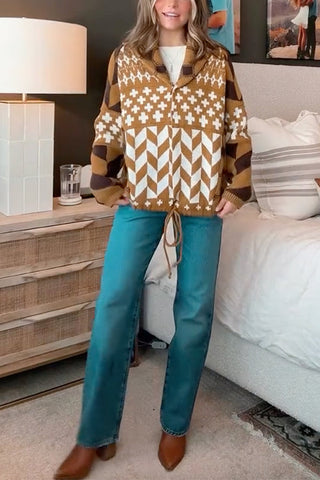 Suéter tipo cárdigan con estampado geométrico y dobladillo con cordón ajustable de Meridress