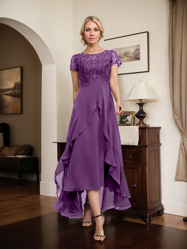 A-Linien-Kleid mit asymmetrischem Chiffon-Spitzenausschnitt, Schleife, Rüschen und Pailletten für die Mutter der Braut 