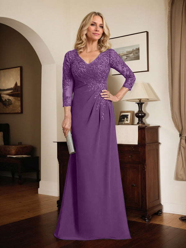 Etuikleid/Säulenkleid mit V-Ausschnitt, Illusion-Detail, bodenlang, aus Chiffonspitze und plissierten Pailletten für die Mutter der Braut 
