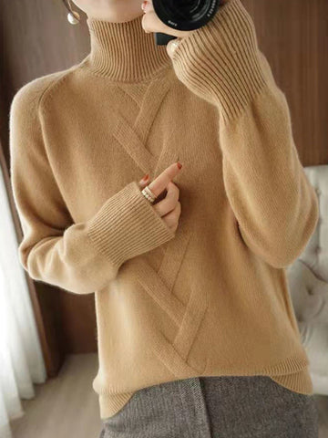 Casual Loose Long Sleeves Solid Color High-Neck Sweater Tops