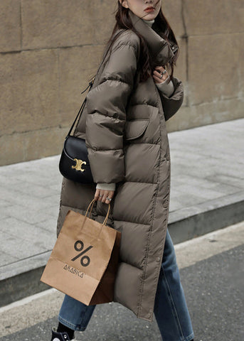Abrigos de plumón de pato con cremallera y cuello alto en color café francés para invierno 