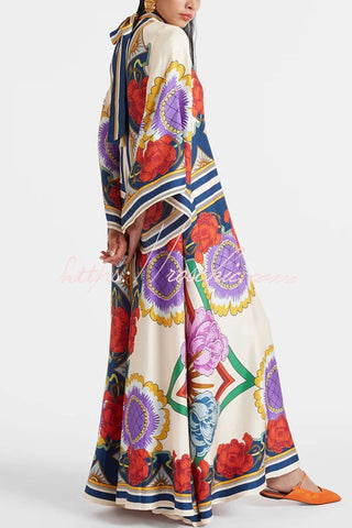 Shine The Light Unique Printed High Neck Bell Sleeve Loose Maxi Dress