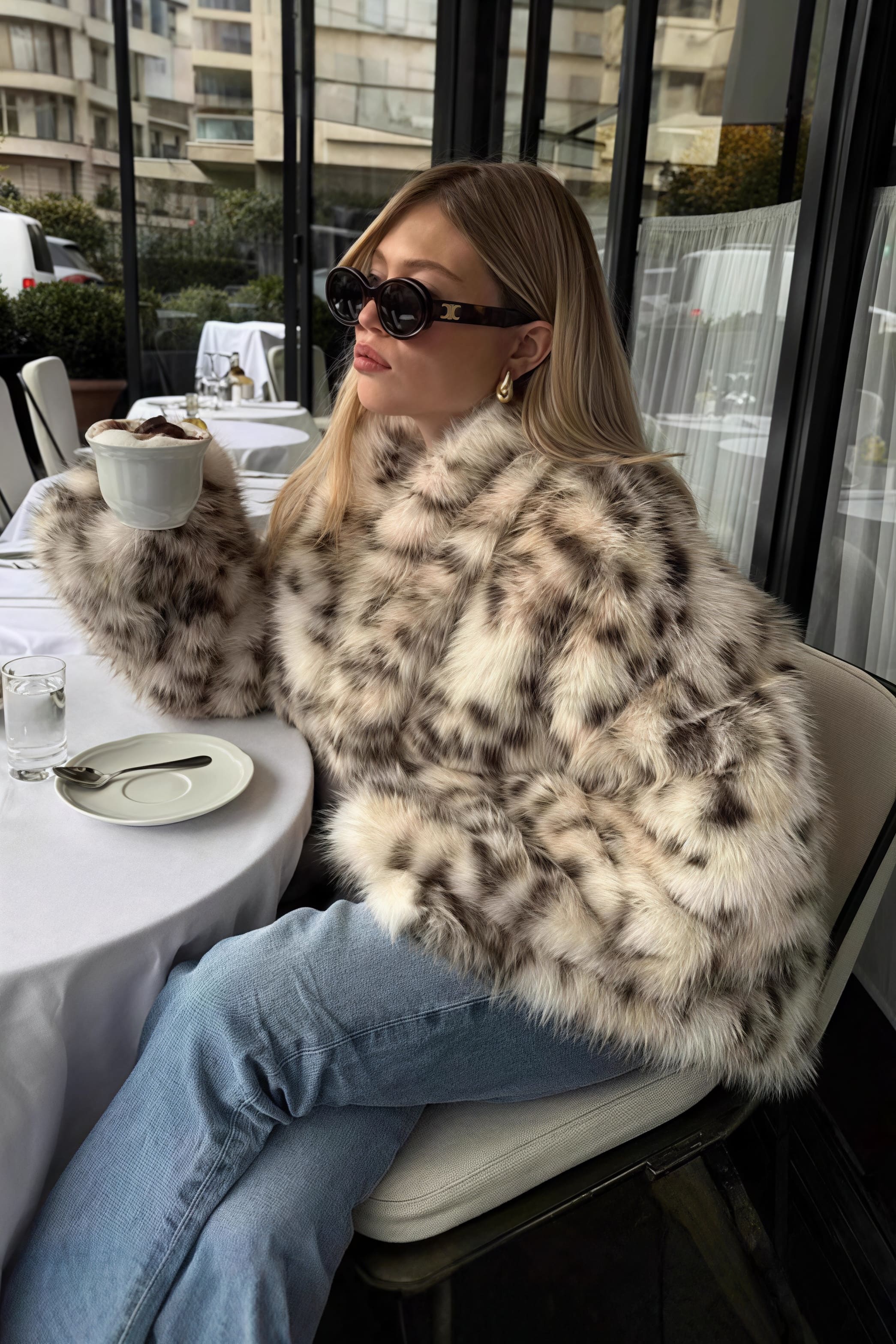 Leopard Print Faux Fur Collar Coat