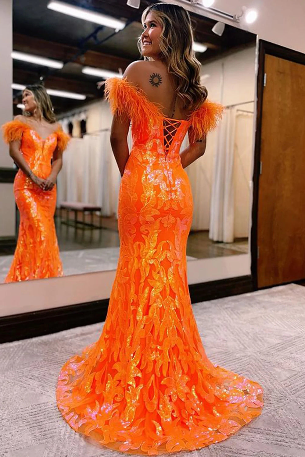 Mermaid Off the Shoulder Orange Long Prom Dress with Feathers
