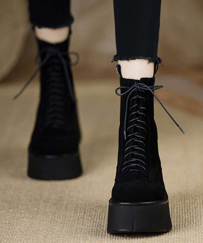 Nuevas botas de cuña de ante marrón con cordones y empalme único 