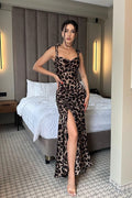 Leopard Print Ruched Waist Cinched Maxi Dress