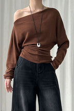 Waist Defining Asymmetric Shoulder Knit Top