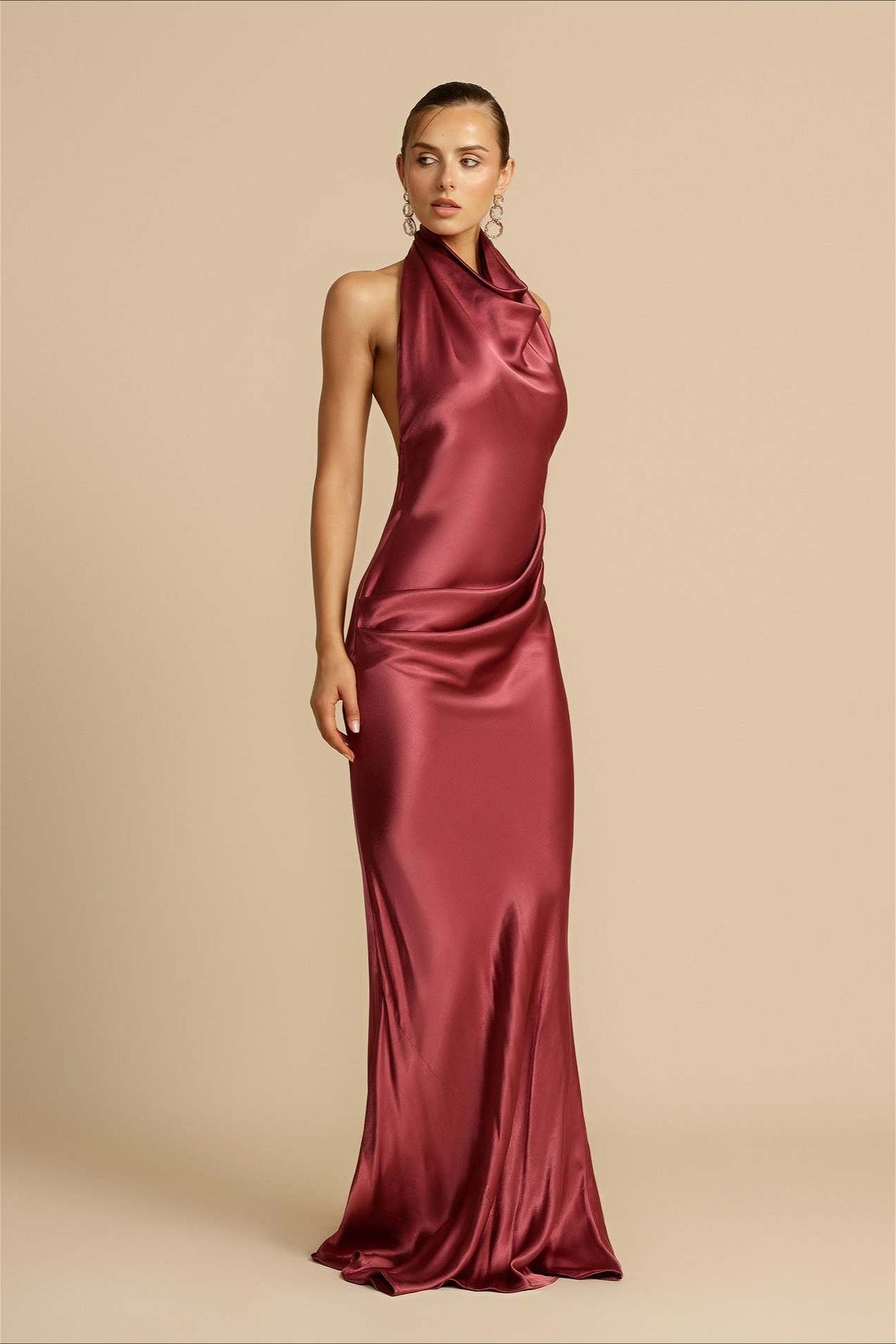 Solid Satin Halter Backless Maxi Dress