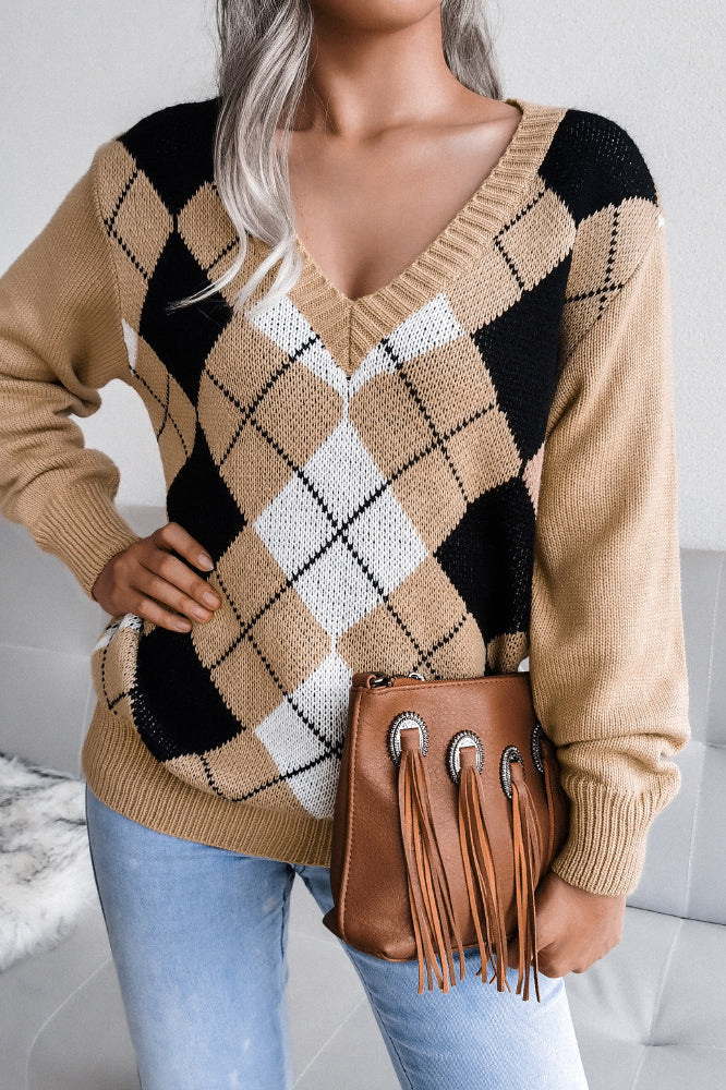 Argyle V-Neck Knit Pullover Sweater