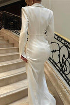 V Neck Long Sleeve High Slit Blazer Maxi Dress