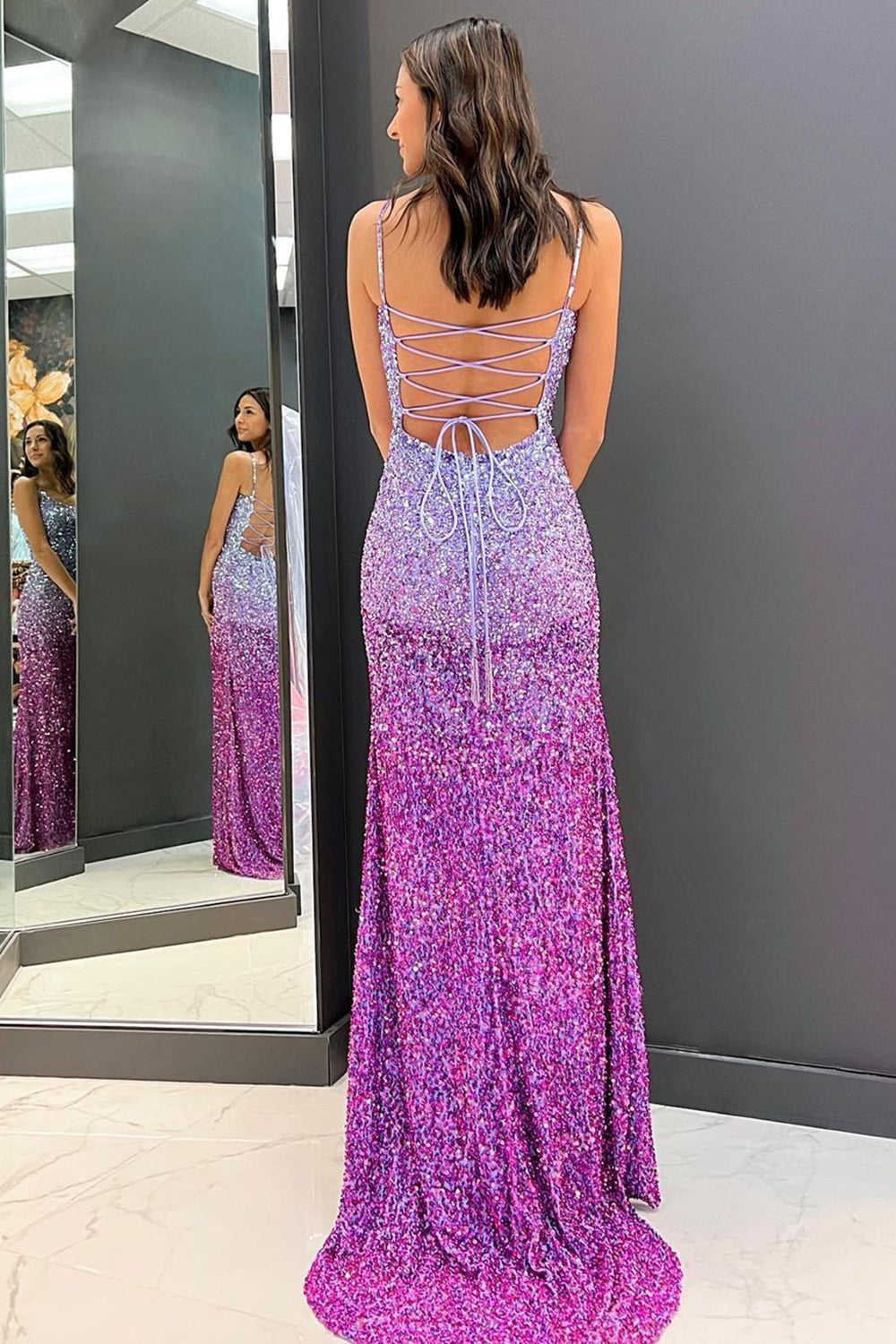 Mermaid Spaghetti Straps Purple Sequins Long Prom Dress with Split Front