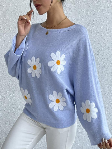 Suéter suelto con mangas de murciélago y bordado floral 