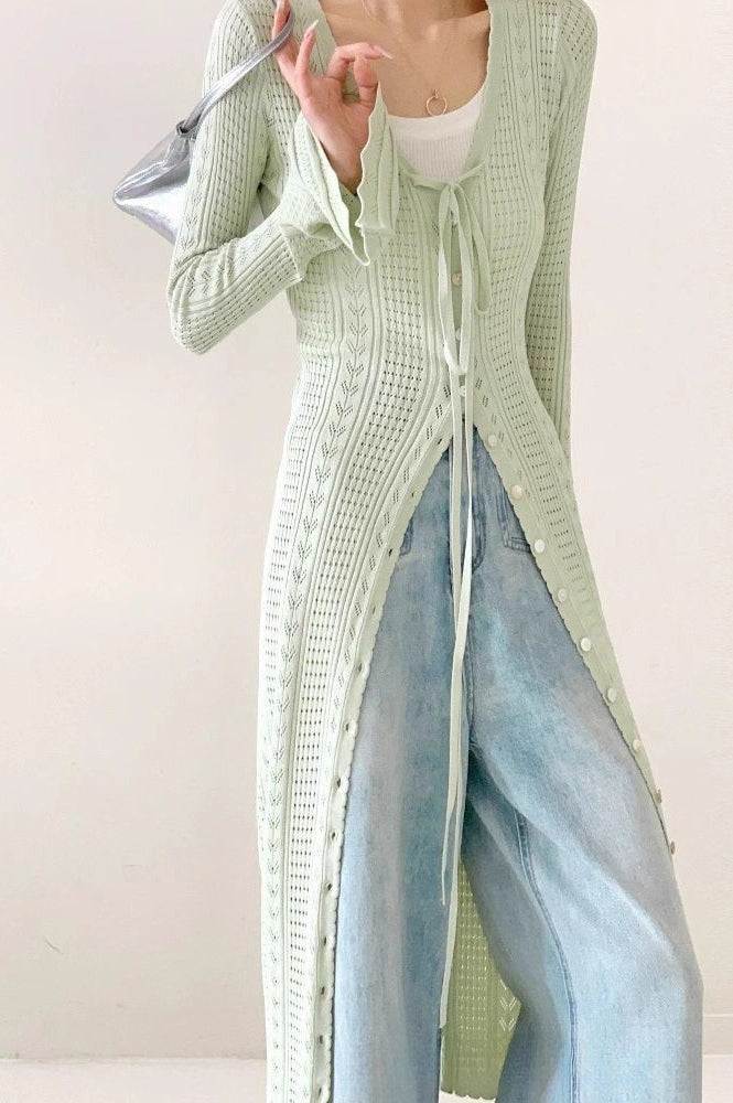 Lightweight Light Green V-Neck Bell-Sleeve Lace-Up Midi Knit Cardigan