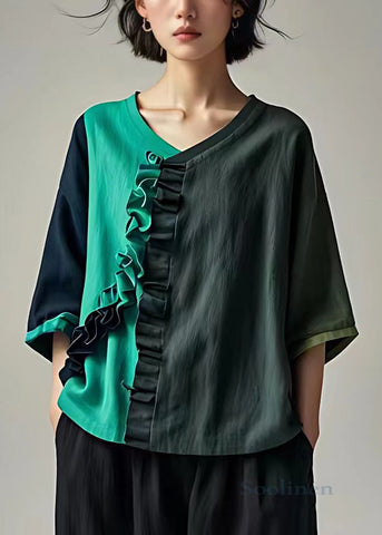 Elegante dunkelgraue Rüschen Patchwork Baumwolle Tops Armband Ärmel 