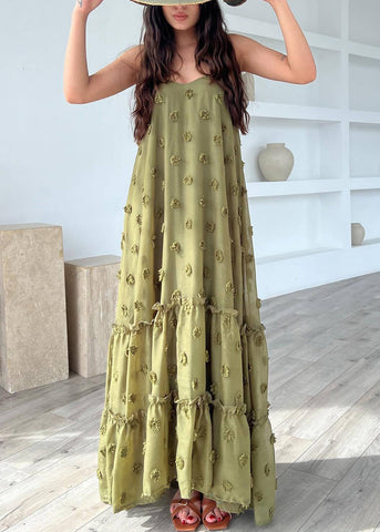 Armeegrünes Blumenkleid aus Baumwolle mit Spaghettiträgern und Rüschen 