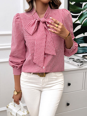 Long Sleeves Loose Buttoned Plaid Pockets Split-Joint Tied Mock Neck Blouses&Shirts Tops