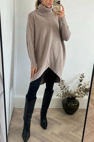 Suéter holgado midi de cuello alto con dobladillo alto y bajo, perfecto para paseos invernales 