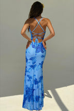 Floral Print Backless Mermaid Hem Cami Vacation Maxi Dress