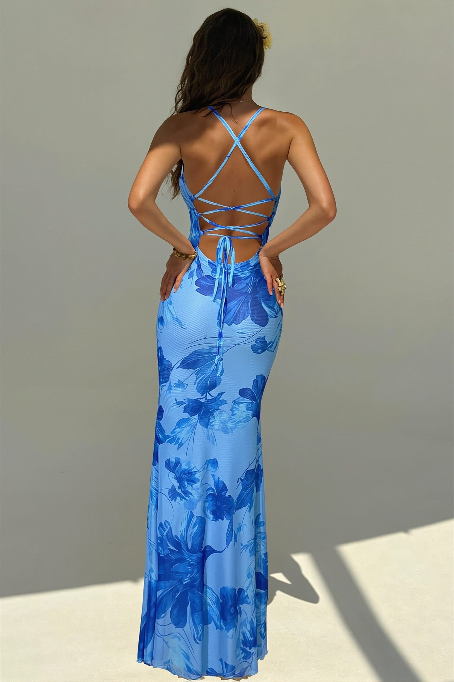 Floral Print Backless Mermaid Hem Cami Vacation Maxi Dress