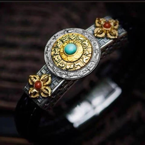 Sterling Silver Turquoise Red Agate Chinese Zodiac Vajra Bracelet